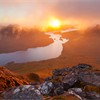 View from summit of Cul Beag overlooking Loch Lurgainn and Stac Pollaidh at sunset, Coigach, Scotland